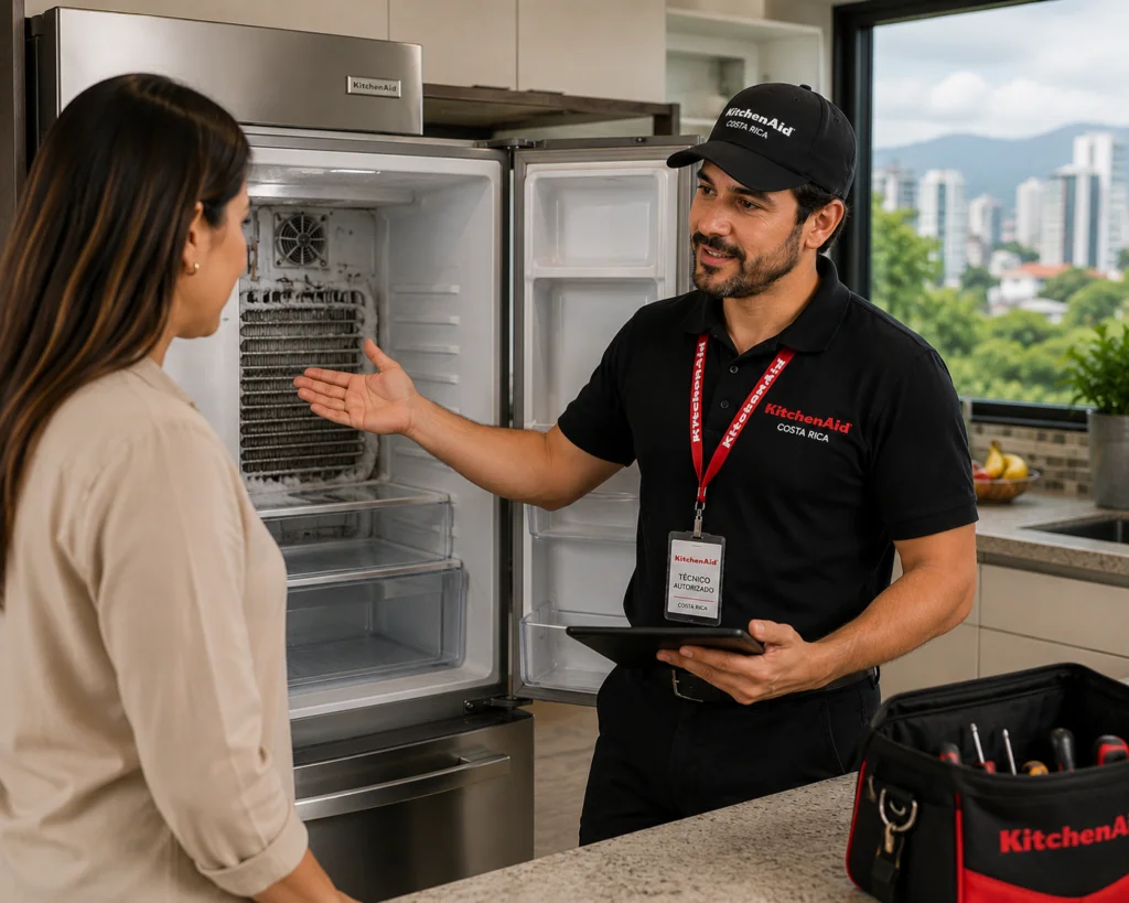 Técnico KitchenAid diagnosticando un refrigerador a domicilio en Costa Rica