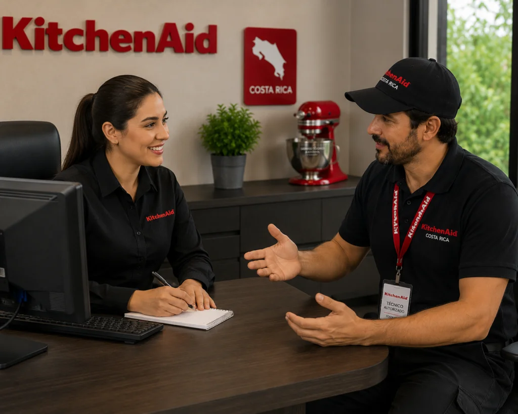 Técnico y agente de servicio KitchenAid conversando en la oficina