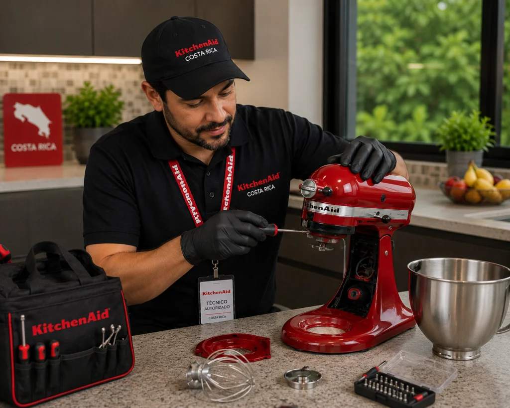 Técnico KitchenAid reparando una batidora Artisan en Costa Rica